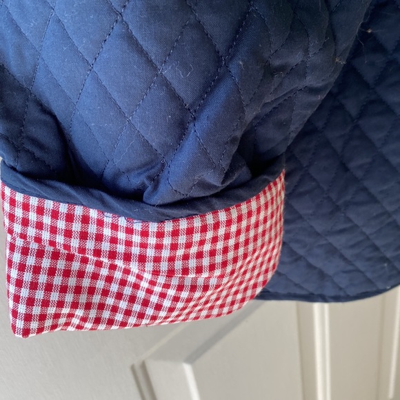Hand-Crafted Navy Quilted Jacket with Gingham Trim NEW - Picture 6 of 9